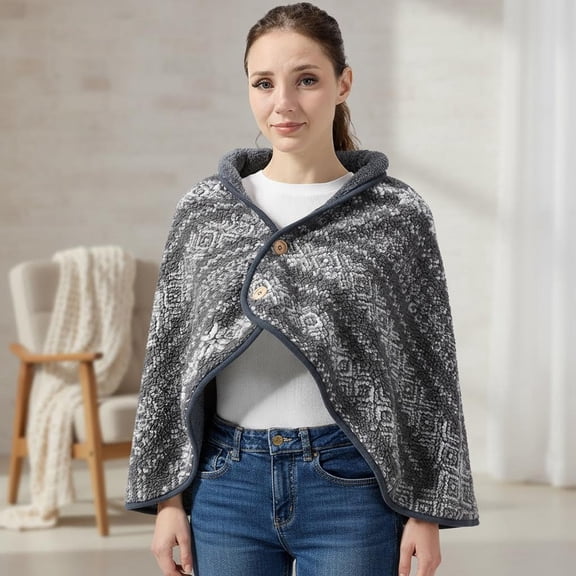 Jacquard Sherpa Wearable Blanket, Lap Blanket, Comfy Poncho Throw with Wooden Buttons, Fleece Wearable Blankets, Soft Winter Shawl & Home Boho Grey Pattern