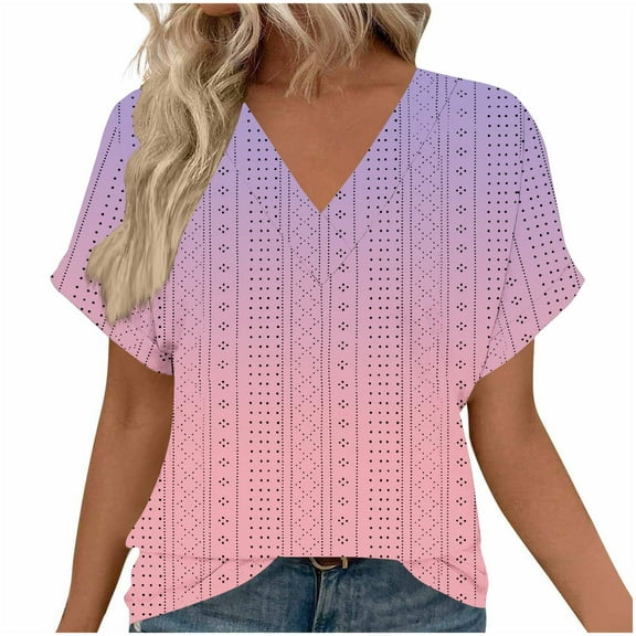 Jacquard T-Shirts for Womens，Summer Short Sleeve Tops V Neck Tee Shirts Floral Print Tunic Blouses Summer Basic Boho Dressy Cute Tops 2025