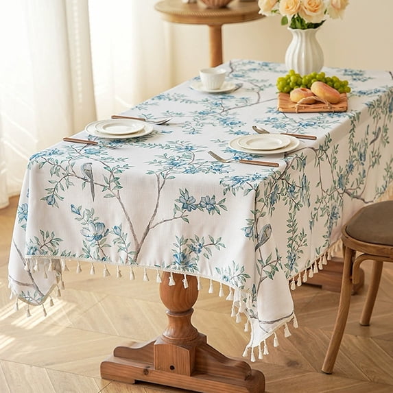 Jacquard Tablecloth Floral Birds Print Tassel Edge Polyester Table Cover Washable Stain Resistant for Dining Kitchen Party Wedding Holiday Decoration Rectangular Table Protector