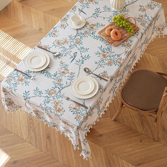 Jacquard Tablecloth Floral Birds Print Tassel Edge Polyester Table Cover Washable Stain Resistant for Dining Kitchen Party Wedding Holiday Decoration Rectangular Table Protector