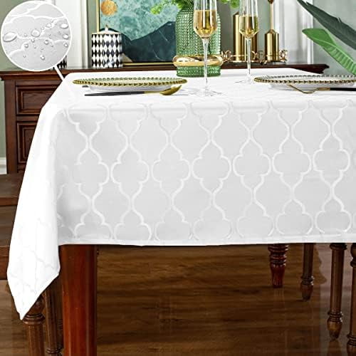 Jacquard Tablecloth Rectangle Damask Pattern Table Cloth Spillproof Wrinkle Resistant Polyester Table Cover for Indoor and Outdoor Use (Rectangle/Oblong, 60" x 102" (8-10 Seats), White)