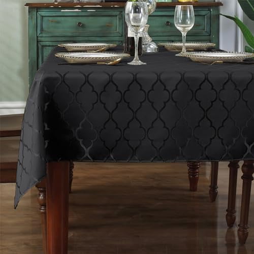 Jacquard Tablecloths for Rectangle Tables, Shiny Textured Minimalist Table Cloths, Wrinkle Free Polyester Table Cover for Kitchen Dining (Oblong, 52" x 70" (4-6 Seats), Black)