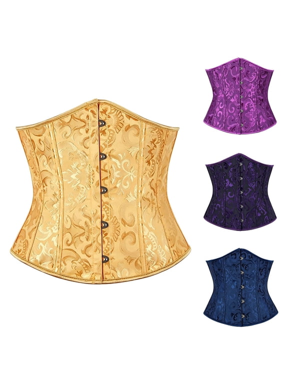 Jacquard Underbust Waist Trainer Corset Belt for Women, Floral Pattern Lace Up Back Cincher, Fishbone Support Vintage Shapewear (Purple,M)