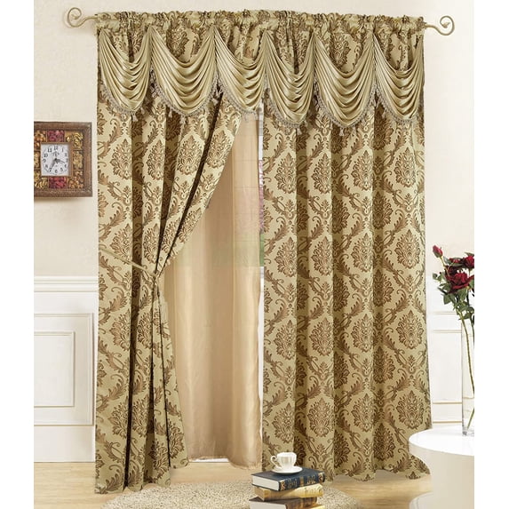 Jacquard Window Curtains For Living Room 2 panel set 54" x 84" Long with Attached Valance Sheer Backing and 2 Tie backs Elegant Fancy Design Perfect For Any Room and Bedroom Cortinas para Sala (Taupe)