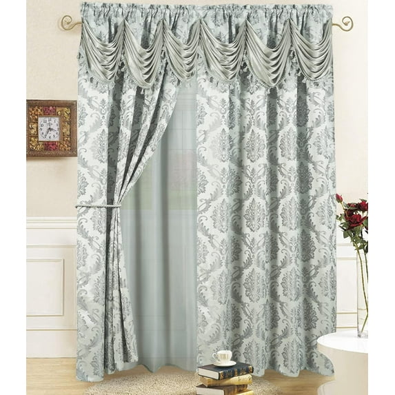 Jacquard Window Curtains For Living Room 2 panel set 54" x 84" Long with Attached Valance Sheer Backing and 2 Tie backs Elegant Fancy Design Perfect For Living Room and Bedroom (Gray)