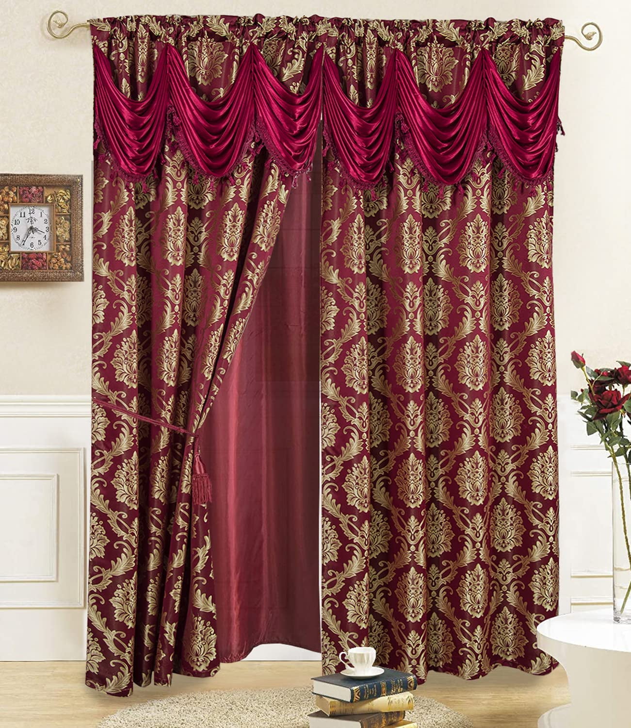 Jacquard Window Curtains for Living Room and Bedroom 108 x 84 Inches - 2 Panel Set with Attached Valance, Sheer Backing and 2 Tie Backs - Long Luxury Elegant Design, Cortinas De Sala  (Burgundy)