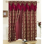 Jacquard Window Curtains for Living Room and Bedroom 108 x 84 Inches - 2 Panel Set with Attached Valance, Sheer Backing and 2 Tie Backs - Long Luxury Elegant Design, Cortinas De Sala (Burgundy)