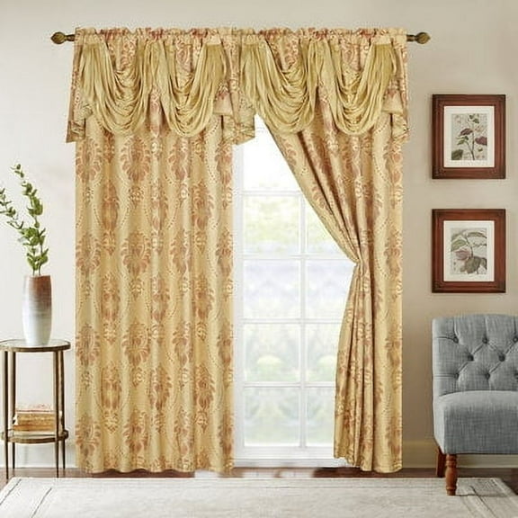 Jacquard Window Panel w/18" Valance Gold Pattern 1
