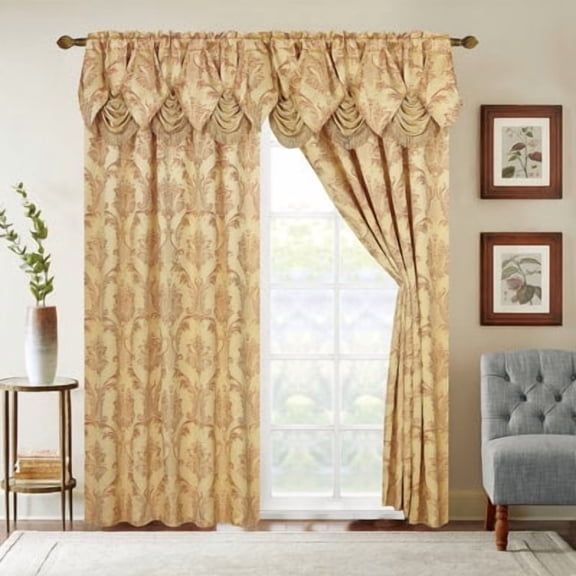 Jacquard Window Panel w/18" Valance Gold Pattern 2