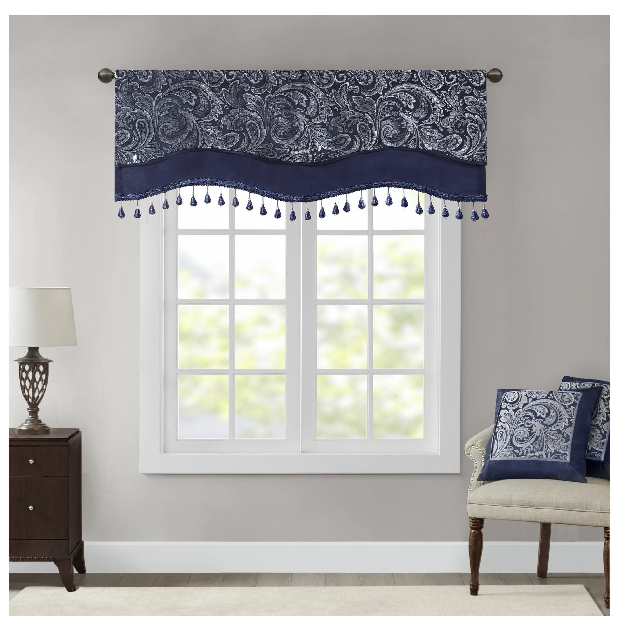 Jacquard Window Rod Pocket Valance With Beads Navy 50x18" Navy + Polyester