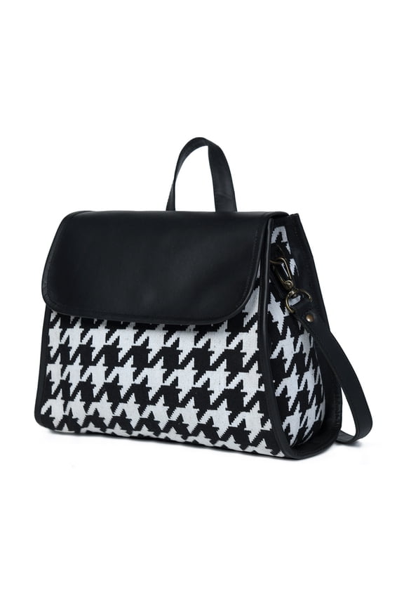 Women's Printed Canvas, Genuine Leather Jacquard Baguette Bag Handbag, Black