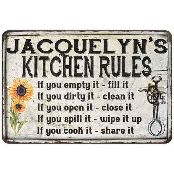 Jacquelyn's Kitchen Rules Chic Sign Vintage Decor 12x18 Metal Sign 112180032385