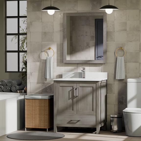 Jacques 30 in. W Distressed Grey Bath Vanity, Cultured Marble Top, and Faucet Set