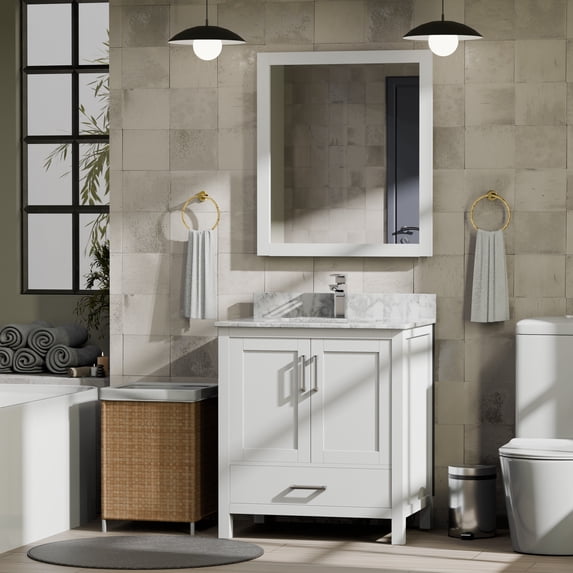 Jacques 30 in. W x 22 in. D White Bath Vanity, Carrara Marble Top, and Faucet Set