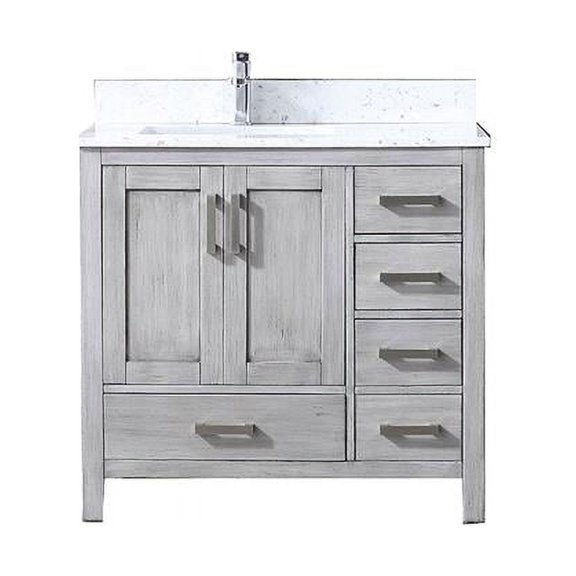 Jacques 36'' Distressed Grey Single Vanity White Carrara Marble Top White Square Sink and no Mirror - Right Version