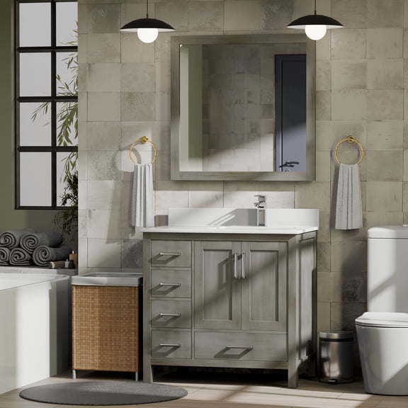Jacques 36 in W Distressed Grey Bath Vanity, Cultured Marble Top, & Faucet Set