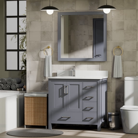 Jacques 36 in. W Left Offset Dark Grey Bath Vanity, White Quartz Top, and Faucet Set