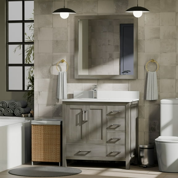 Jacques 36 in. W Left Offset Distressed Grey Bath Vanity and Cultured Marble Top
