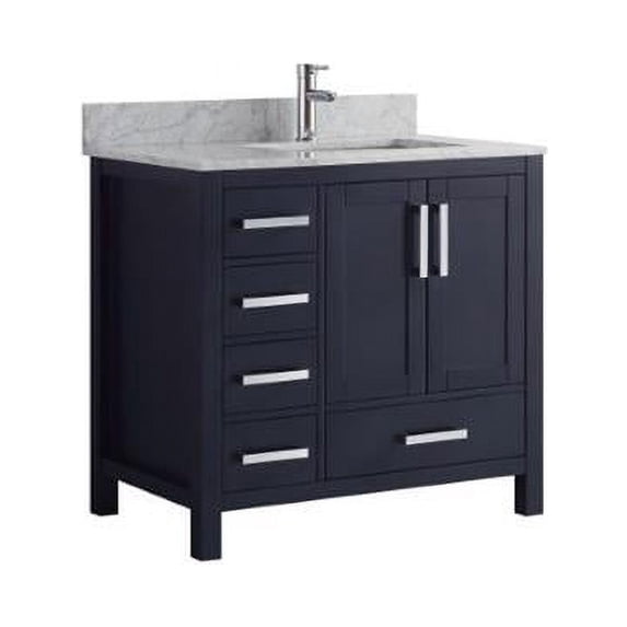 Jacques 36" Navy Blue Single Vanity White Carrara Marble Top White Square Sink and no Mirror - Right Version