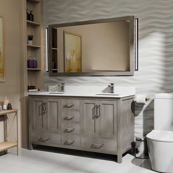 Jacques 60" W Distressed Grey Double Vanity, Cultured Marble Top, Faucet Set, & 58" Mirror
