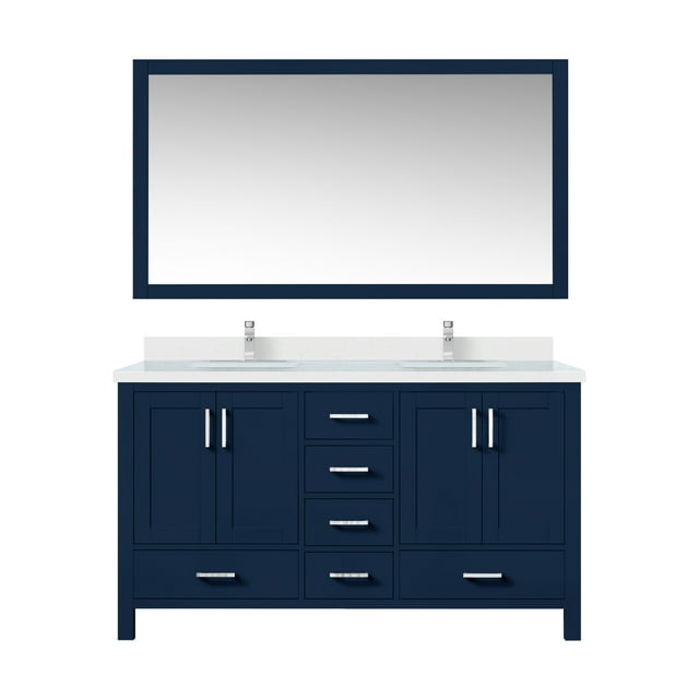 Jacques 60 in W Navy Blue Double Vanity, Cultured Marble Top, Faucet Set, & 58 in Mirror