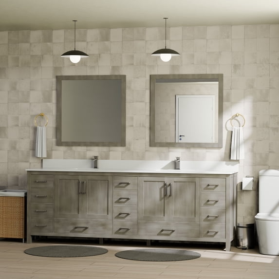 Jacques 84 in. W Distressed Grey Double Bath Vanity, White Quartz Top, and Faucet Set
