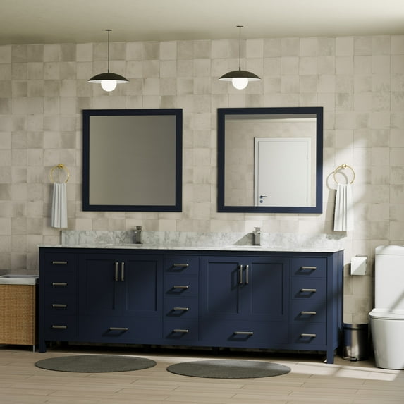 Jacques 84 in W Navy Blue Double Vanity, Carrara Marble Top, Faucet Set, & 34 in Mirrors