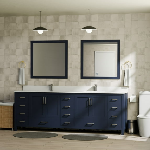 Jacques 84 in W Navy Blue Double Vanity, Cultured Marble Top, Faucet Set, & 34 in Mirror