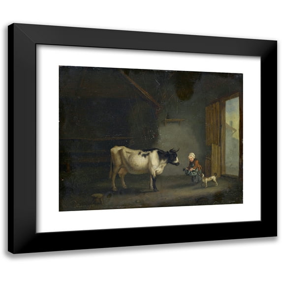 Jacques Albert Senave 18x15 Black Modern Framed Museum Art Print Titled - Girl with Cow in a Stable (1788)