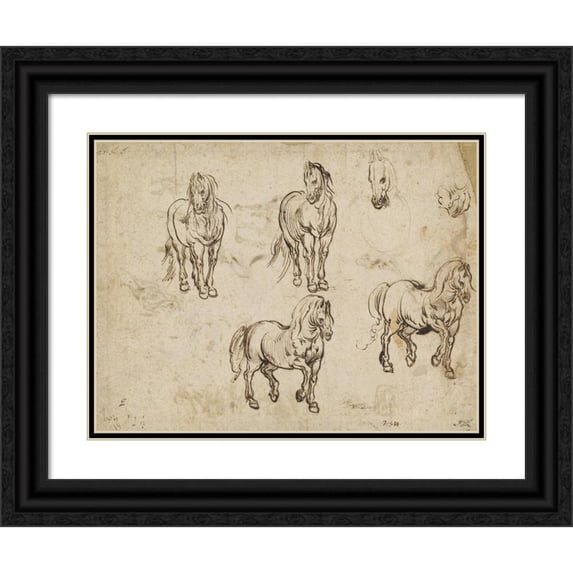 Jacques Callot 18x15 Black Ornate Wood Framed Double Matted Museum Art Print Titled - Studies of Horses (Recto) (C. 1612)