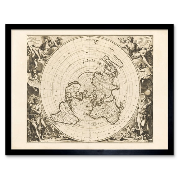 Jacques Cassini Flat Earth Map 1713 Sepia Colour Terrestrial Planisphere According to Astronomers New Observations Decorative World Polar Projection Art Print Framed Poster Wall Decor 12x16 inch