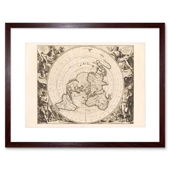 Jacques Cassini Flat Earth Map 1713 Sepia Colour Terrestrial Planisphere According to Astronomers New Observations Decorative World Polar Projection Artwork Framed Wall Art Print 9X7 Inch