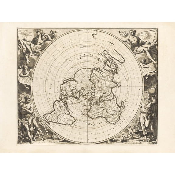 Jacques Cassini Flat Earth Map 1713 Sepia Colour Terrestrial Planisphere According to Astronomers New Observations Decorative World Polar Projection Extra Large XL Wall Art Poster Print