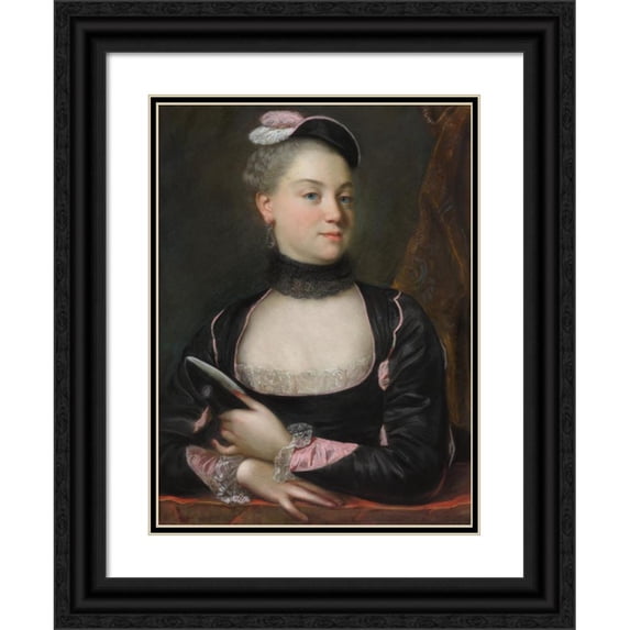 Jacques-Charles Allais 19x24 Black Ornate Framed Double Matted Museum Art Print Titled: Portrait of a French Actress (C. 1746)