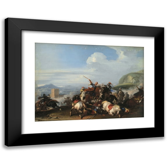 Jacques Courtois 18x14 Black Modern Framed Museum Art Print Titled - Battle Scene with Turkish Cavalry (1636 - 1675)