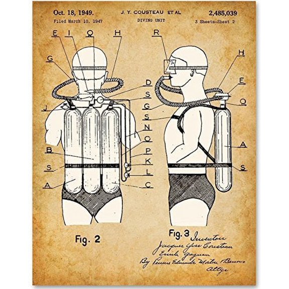 Jacques Cousteau Scuba Diving Tank Art - 11x14 Unframed Patent Print - Great Gift for Scuba Divers