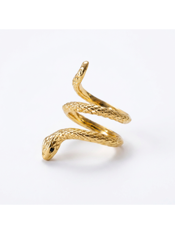 Coiled Snake Ring Gold Scale Texture Black Gem Eyes Open Adjustable Rebirth Jewelry Gift for Women