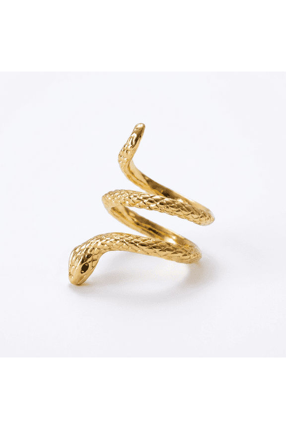 Coiled Snake Ring Gold Scale Texture Black Gem Eyes Open Adjustable Rebirth Jewelry Gift for Women