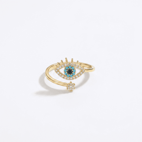 Jacques Eclat Evil Eye Ring Gold Blue Center CZ Pave Open Adjustable Protection Jewelry Gift for Women