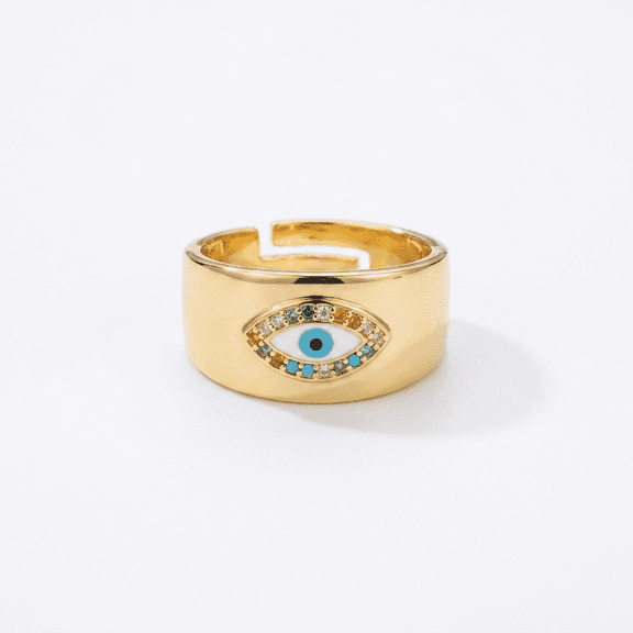 Jacques Eclat Evil Eye Ring Gold Wide Band Multi Color CZ Open Adjustable Statement Jewelry Gift for Women