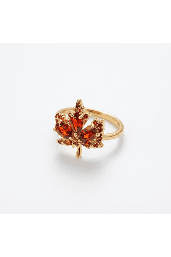 Maple Leaf Ring Gold Red Orange Stones Autumn Nature Jewelry Gift for Women