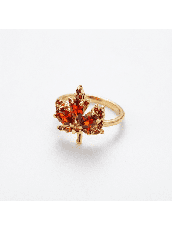 Maple Leaf Ring Gold Red Orange Stones Autumn Nature Jewelry Gift for Women