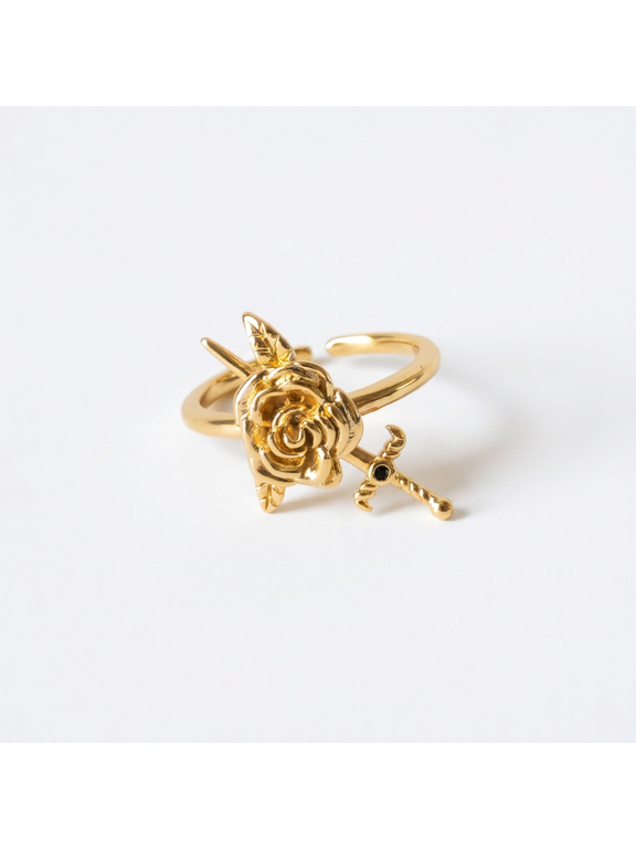 Rose Sword Ring Gold Flower Dagger Open Adjustable Romantic Jewelry Gift for Women