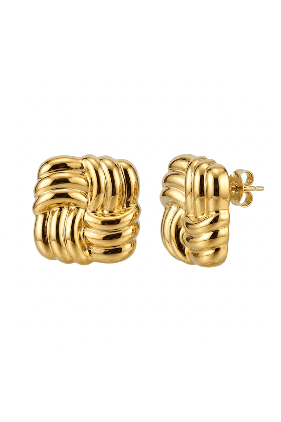 Square Knot Stud Earrings Gold Chunky Rope Texture Statement Jewelry Gift for Women