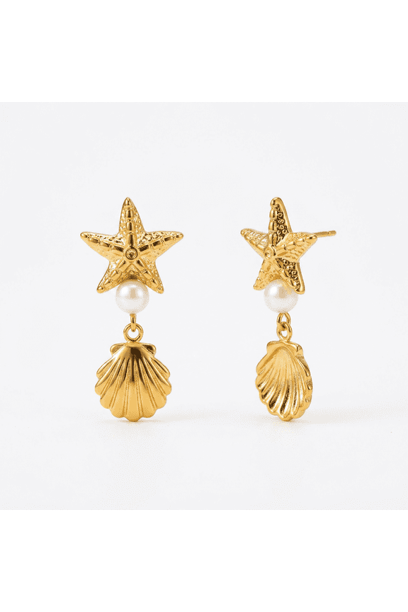 Starfish Pearl Shell Drop Earrings Gold Ocean Beach Statement Jewelry Gift for Women