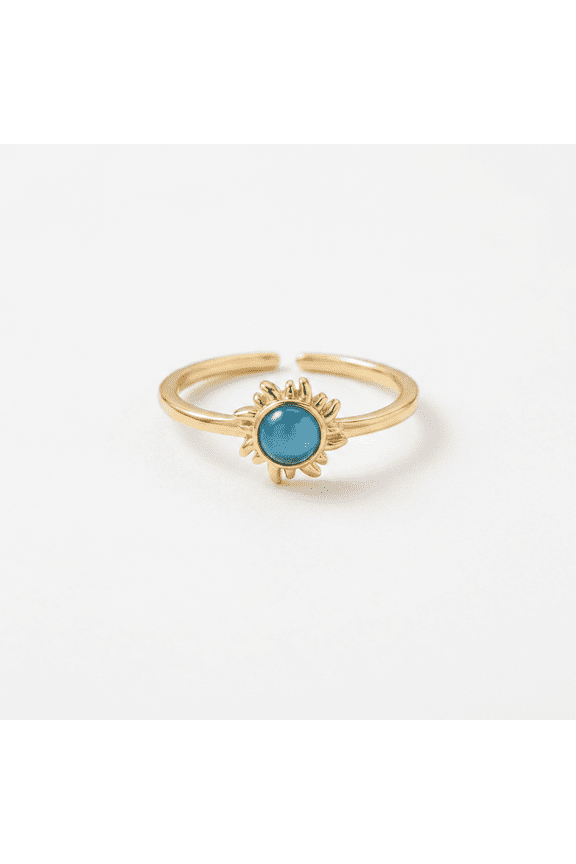 Sun Ring Gold Blue Center Stone Radiating Rays Open Adjustable Celestial Jewelry Gift for Women