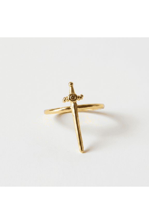 Sword Ring Gold Vertical Dagger Dark Stone Hilt Size 7 Edgy Jewelry Gift for Women