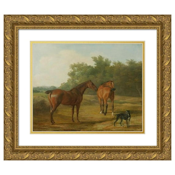 Jacques-Laurent Agasse 24x20 Gold Ornate Framed and Double Matted Museum Art Print Titled - Two Horses And A Greyhound in a Landscape