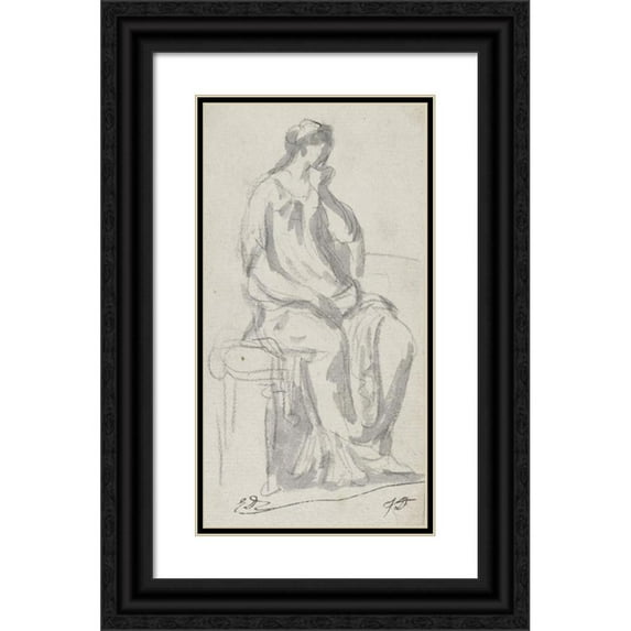 Jacques Louis David 11x18 Black Ornate Wood Framed Double Matted Museum Art Print Titled - Classical Sculpture of a Pensive Woman (1775-80)