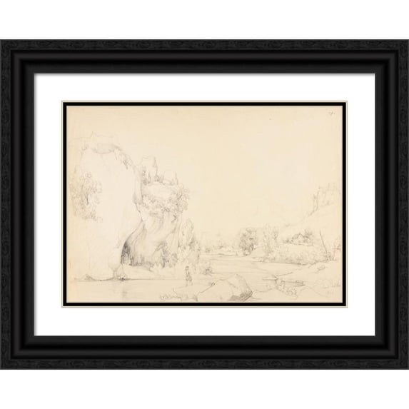 Jacques-Raymond Brascassat 14x11 Black Ornate Wood Framed Double Matted Museum Art Print Titled: River with Rocks and Fishermen